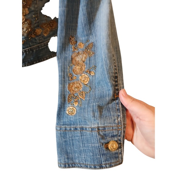 CE Embroidered Sequin Denim Jacket Gold Medium Wash Glam Coachella   Womans - Picture 4 of 12